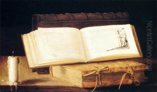 Books and a Candle Oil Painting by Sebastian Stoskopff