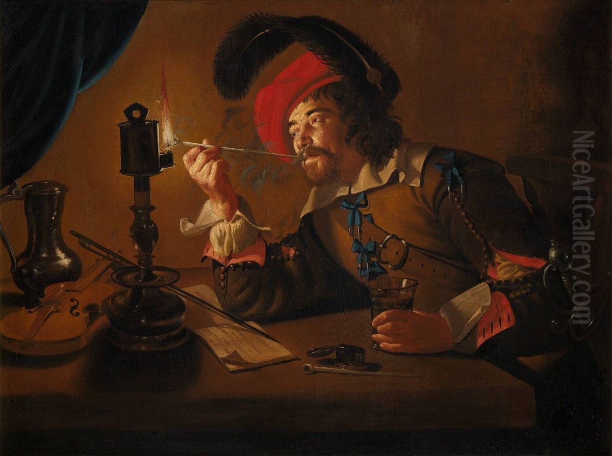 Soldier lighting his pipe from an oil lamp Oil Painting by unknown