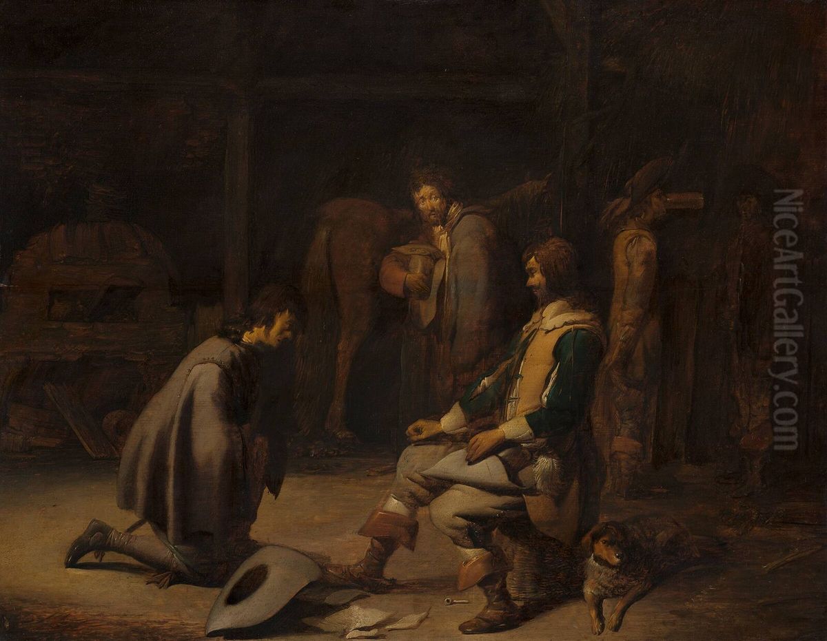 Soldiers in a Stable Oil Painting by Benjamin Gerritsz Cuyp
