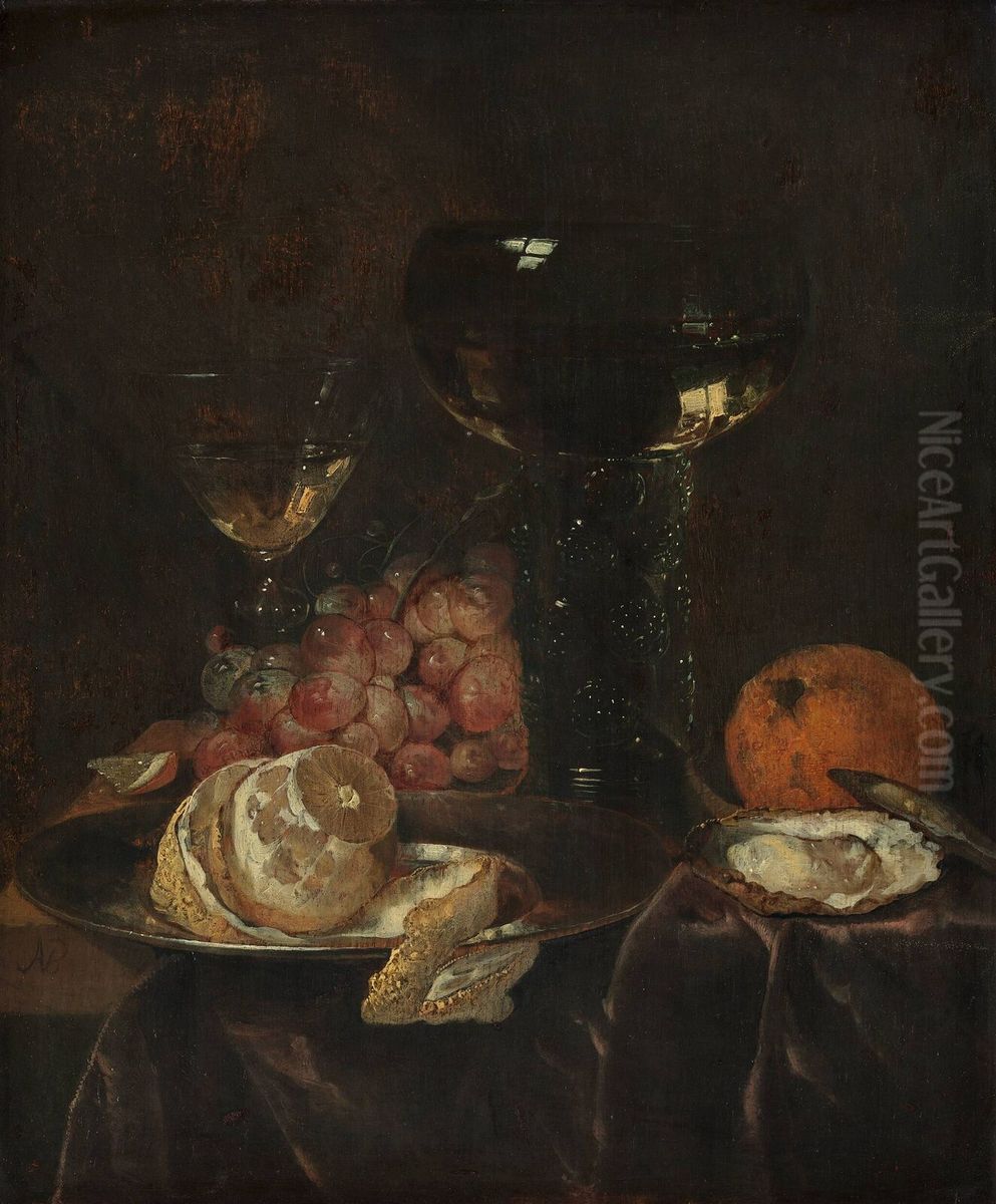 Still life with lemon, grapes and glasses Oil Painting by Abraham Van Beijeren