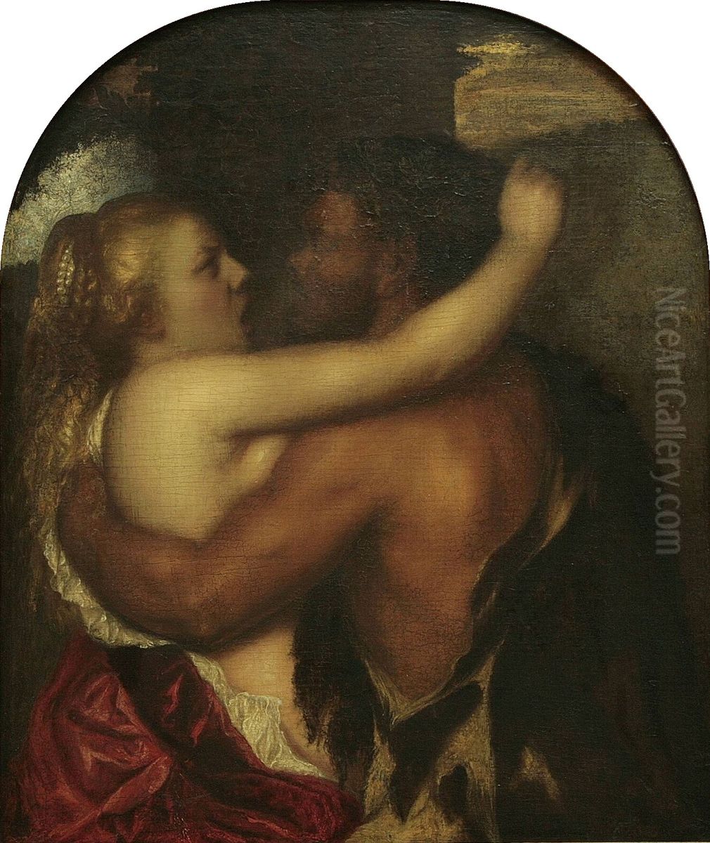 Faun en nimf Oil Painting by Titian