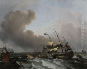 Hollandse driemaster, spiegelpaviljoensjacht en andere schepen voor een kust