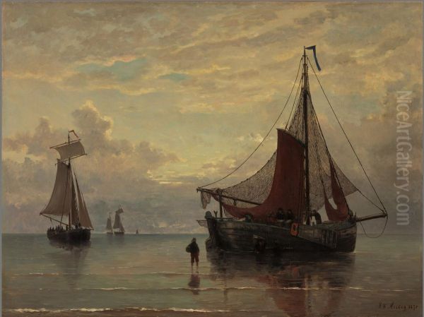 Sunset on the Dutch coast Oil Painting by Hendrik Willem Mesdag