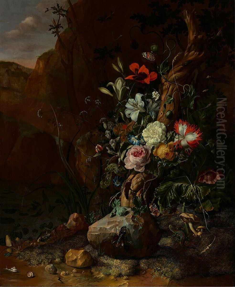 Boomstam, omgeven door bloemen en door vlinders en andere dieren Oil Painting by Rachel Ruysch