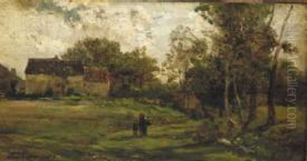 Landscape with farm and trees Oil Painting by Charles-Francois Daubigny