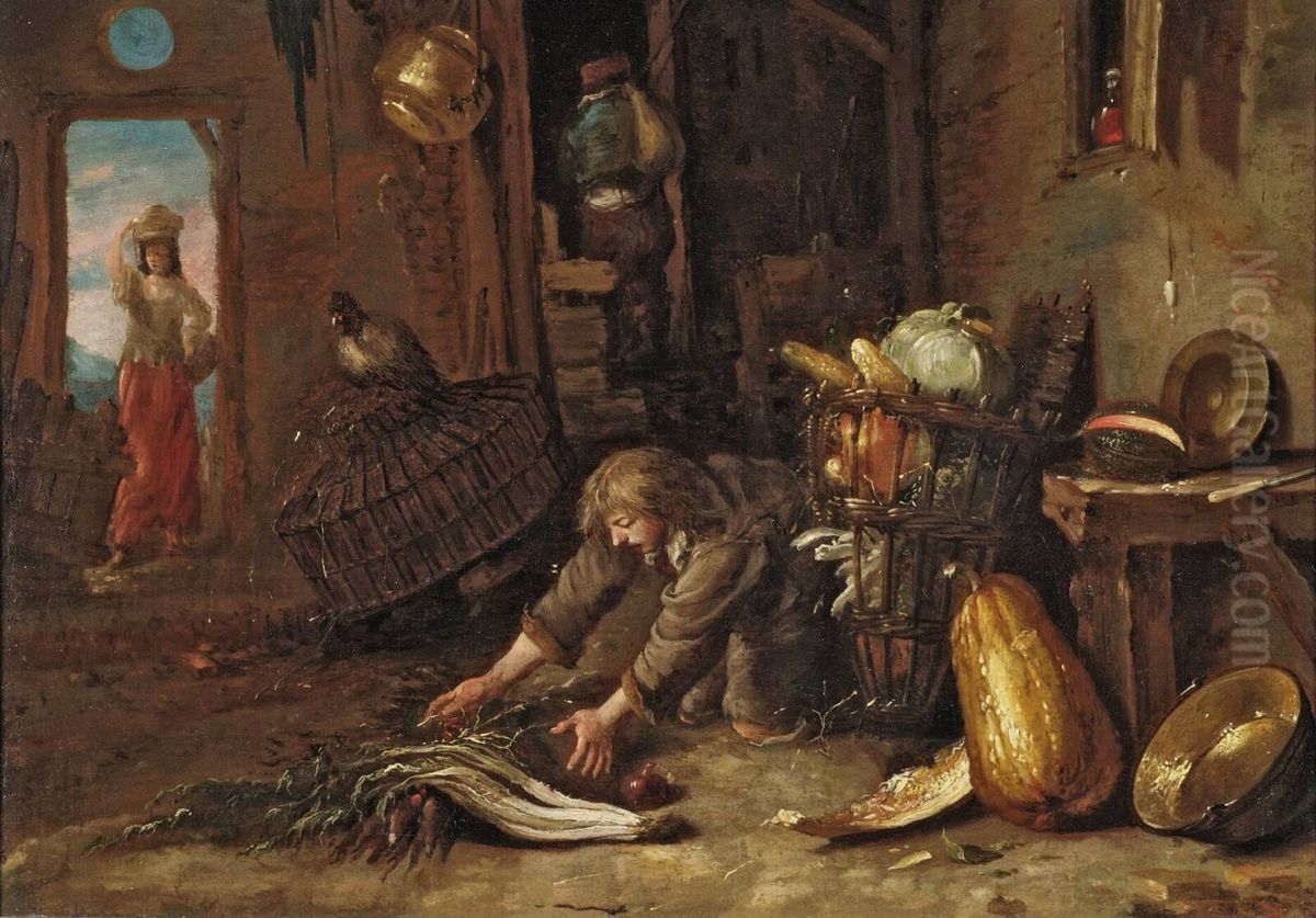 Farm interior with a young man collecting vegetables Oil Painting by Willem Kalf
