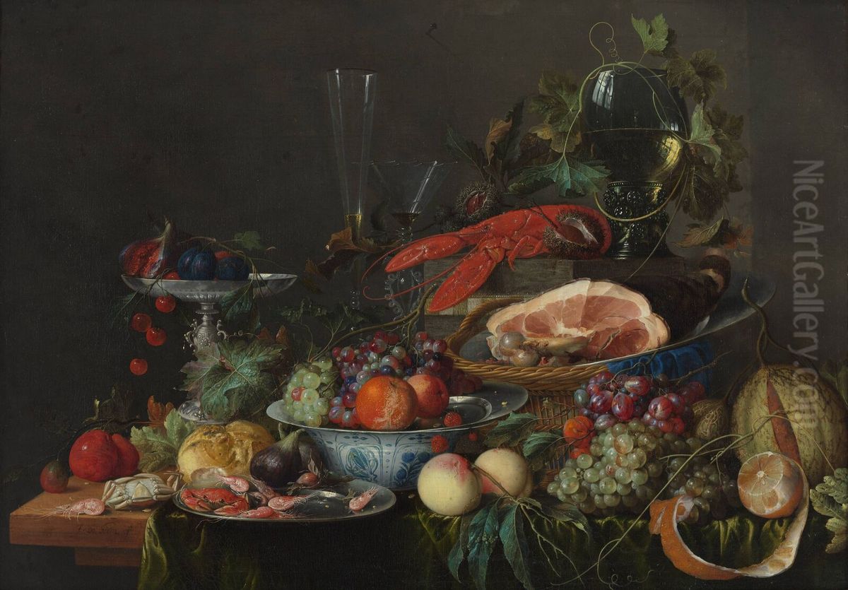 Pronkstilleven met ham, kreeft en vruchten Oil Painting by Jan Davidsz. De Heem
