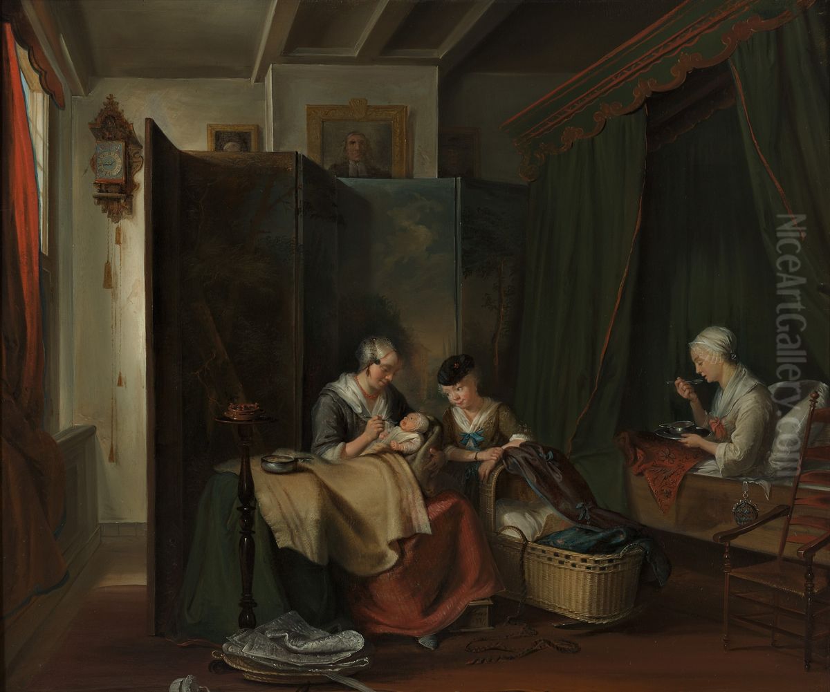 Hollandse kraamkamer Oil Painting by Cornelis Troost