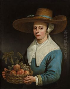 Vrouw met grote strohoed en mand met fruit