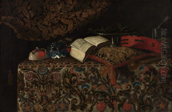 Stilleven met maskers, boeken en muziekinstrumenten Oil Painting by Giuseppe Recco