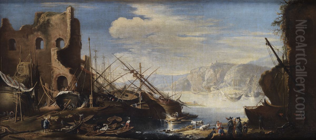 Fantasielandschaft mit Hafen, Ruine, anliegenden Schiffen, Schiffsteilen, Wracks, Schiffsbauern und Kauffahrteileuten Oil Painting by unknown