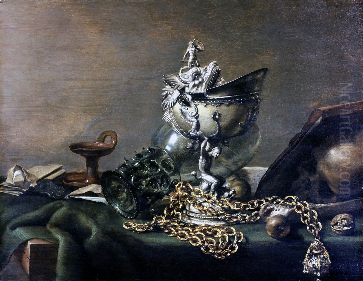 Still life with nautilus cup and musk apple on golden chain Oil Painting by Pieter Claesz
