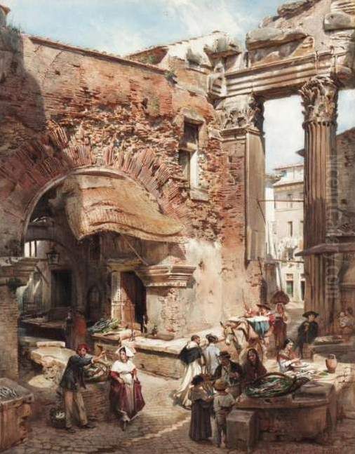 Italienische Marktszene mit romischen Ruinen Oil Painting by Ludwig Passini