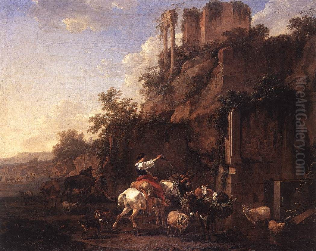 Rocky Landscape with Antique Ruins Oil Painting by Nicolaes Pieterszoon Berchem
