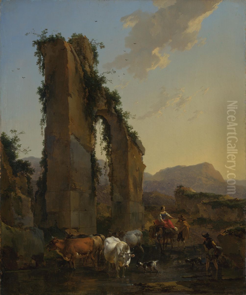 Peasants with Four Oxen and a Goat at a Ford by a Ruined Aqueduct Oil Painting by Nicolaes Pieterszoon Berchem