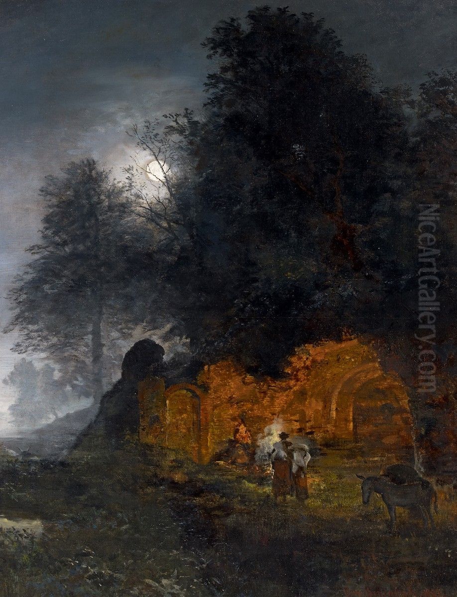 Ruinenlandschaft mit Hirten am Lagerfeuer. Oil Painting by Oswald Achenbach