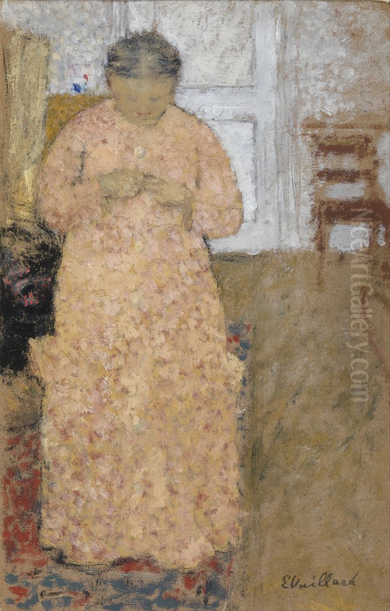 Knitting Woman in Pink Dress Oil Painting by Jean-Edouard Vuillard