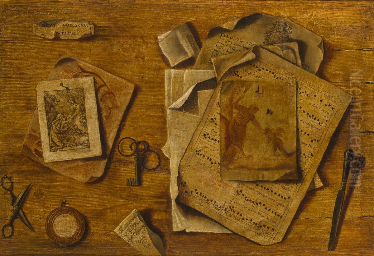 A trompe l'oeil with musical score, drawings and keys. Oil Painting by unknown