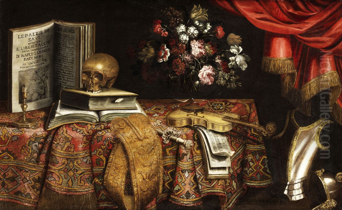 Vanitas-Still Life with Violin, Score, Flower Vase and a Skull Oil Painting by Pierfrancesco Cittadini