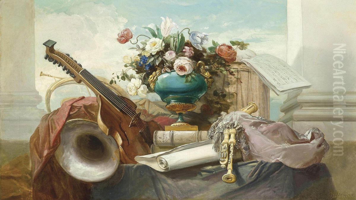 A Violin, Bagpipes, a Drum, a Music Score, and an Ormolu-Mounted Vase with Roses and Other Flowers on a Draped Ledge Oil Painting by unknown