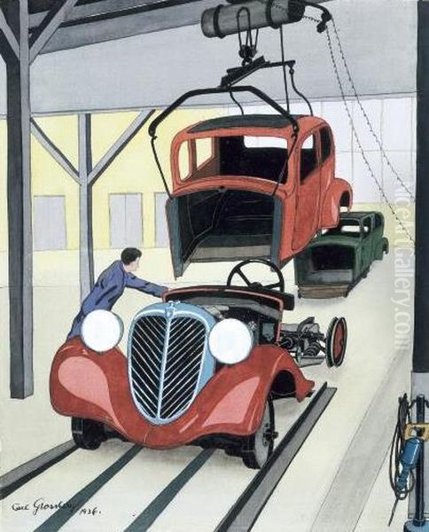Car Factory Oil Painting by Carl Grossberg