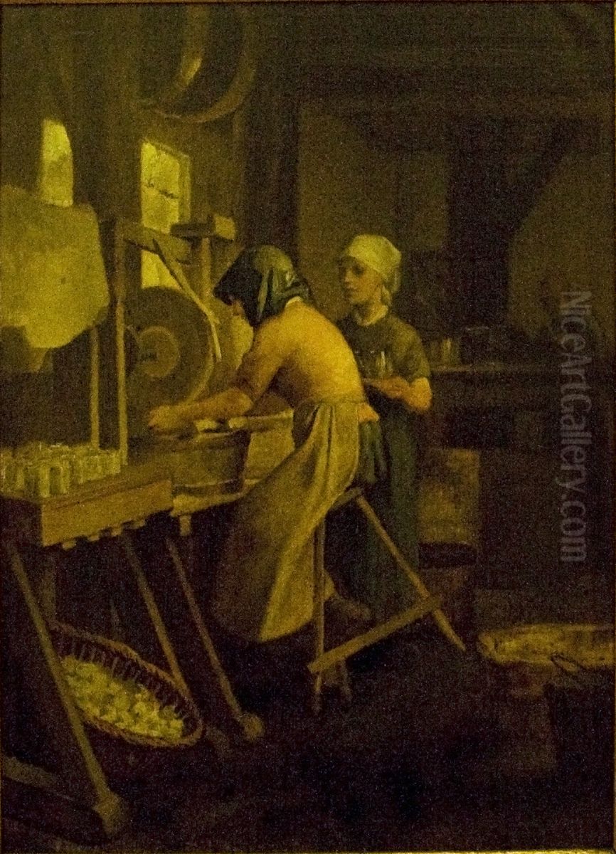 Women working in a glass factory Oil Painting by Constantin Meunier