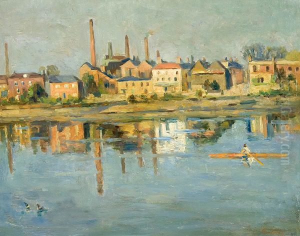 Industrielandschaft am Wasser Oil Painting by Emil Von Gerliczy