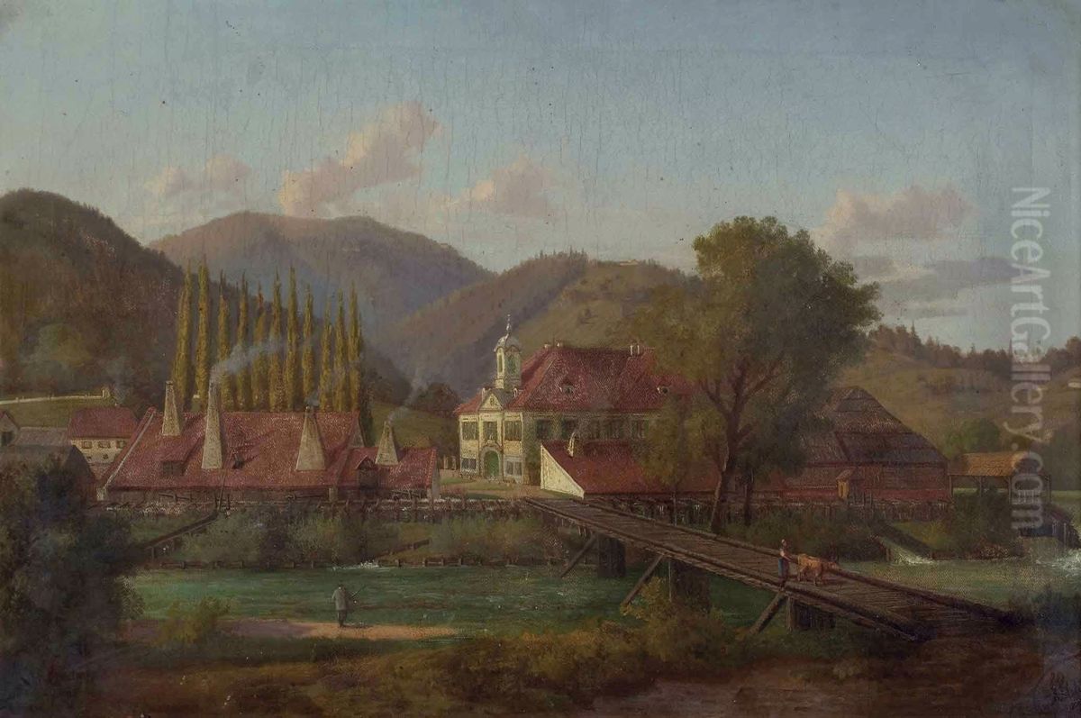 Factory Site on a River Oil Painting by Josef Von Schlogl Factory Site on a River Oil Painting by Josef Von Schlogl