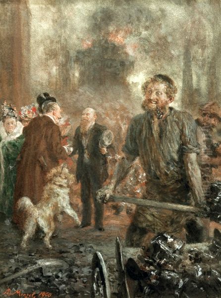 Visiting an Iron Rolling Mill Oil Painting by Adolph von Menzel