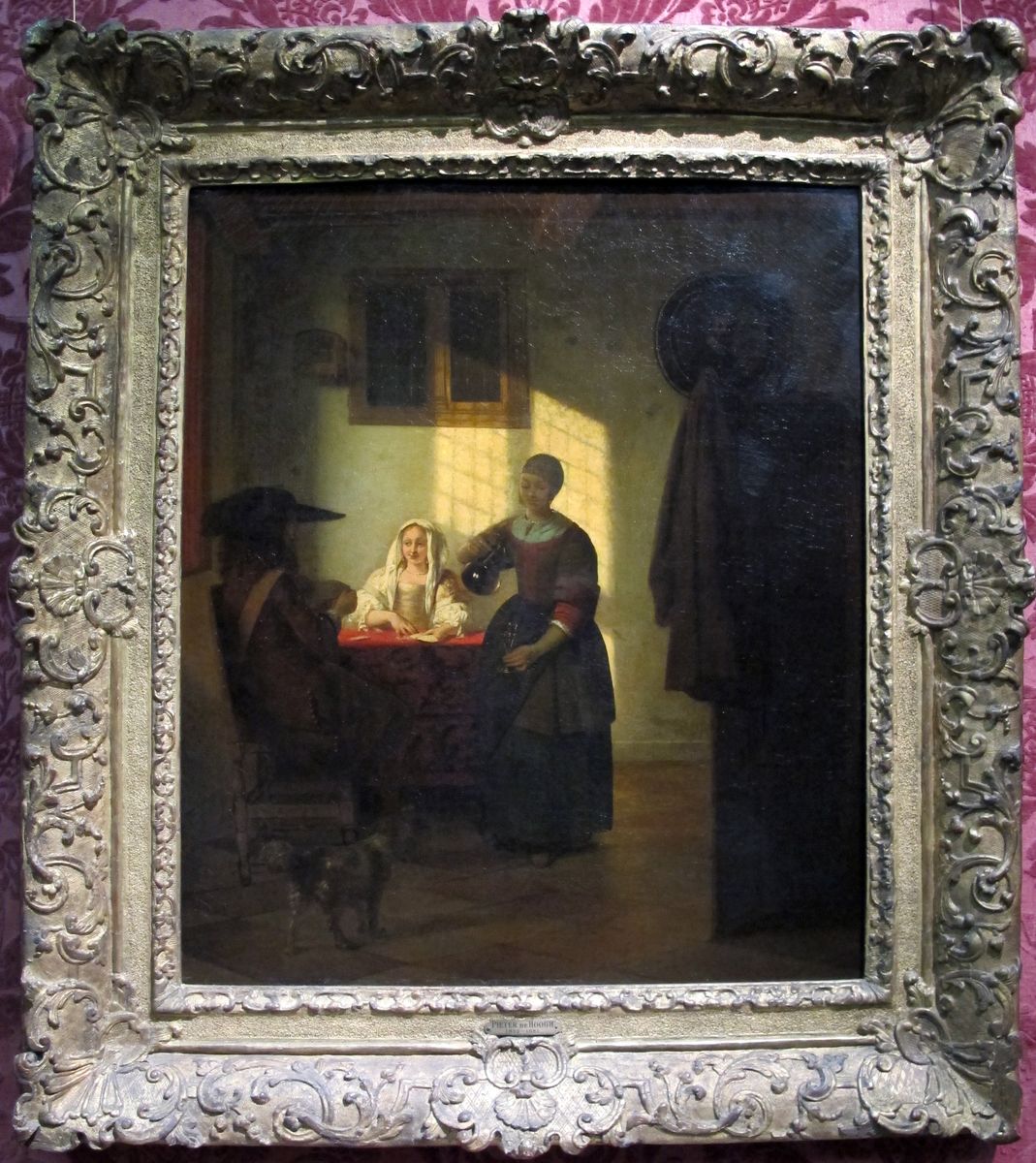 A Couple Playing Cards, with a Serving Woman Oil Painting by Pieter De Hooch