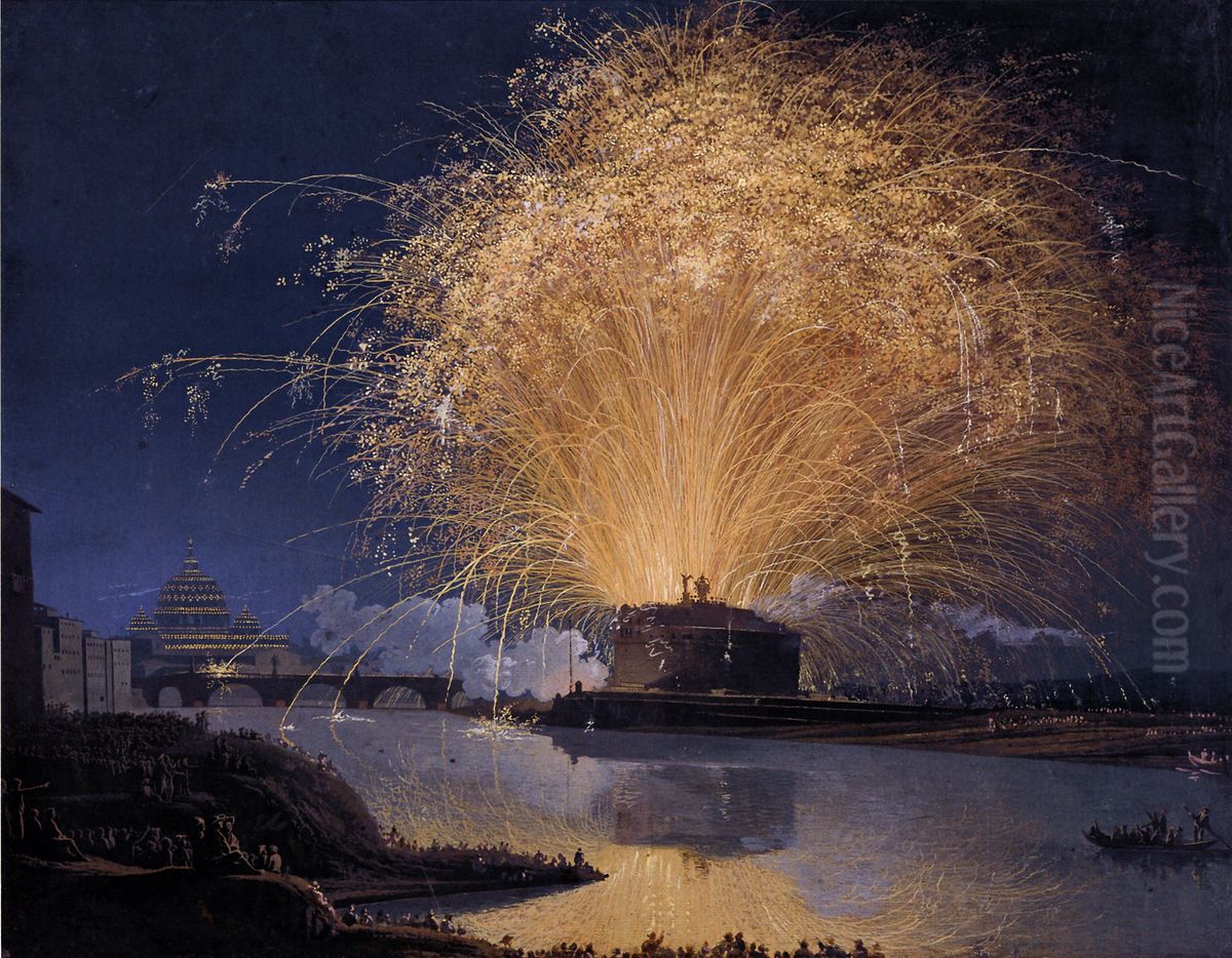 Fireworks over Castel Sant'Angelo in Rome Oil Painting by Jacob Philipp Hackert
