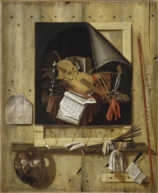 Trompe L'oeil with studio wall and vanitas still life Oil Painting by Cornelis Norbertus Gijsbrechts