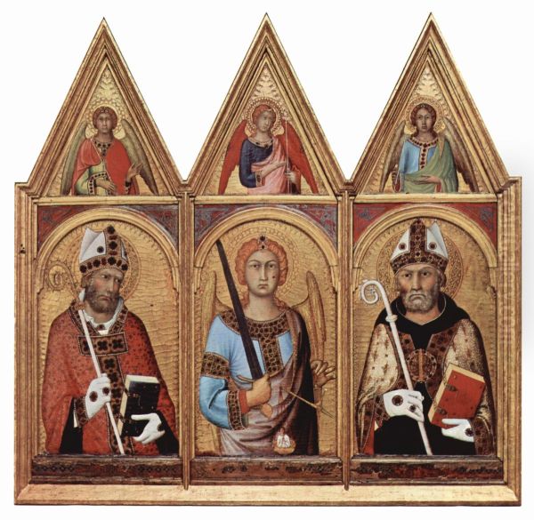 Saint Geminianus, Saint Michael and Saint Augustine, Each with an Angel above Oil Painting by Simone Martini