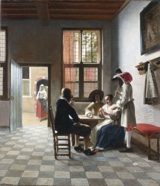 Kaartspelers in een zonovergoten kamer Oil Painting by Pieter De Hooch