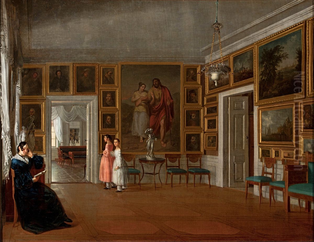 Interior of the living room in the artist's house Oil Painting by Aleksander Kokular