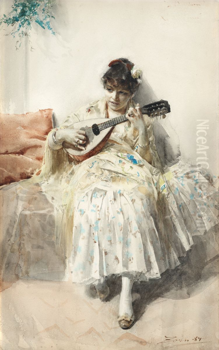 Girl playing mandolin Oil Painting by Anders Zorn