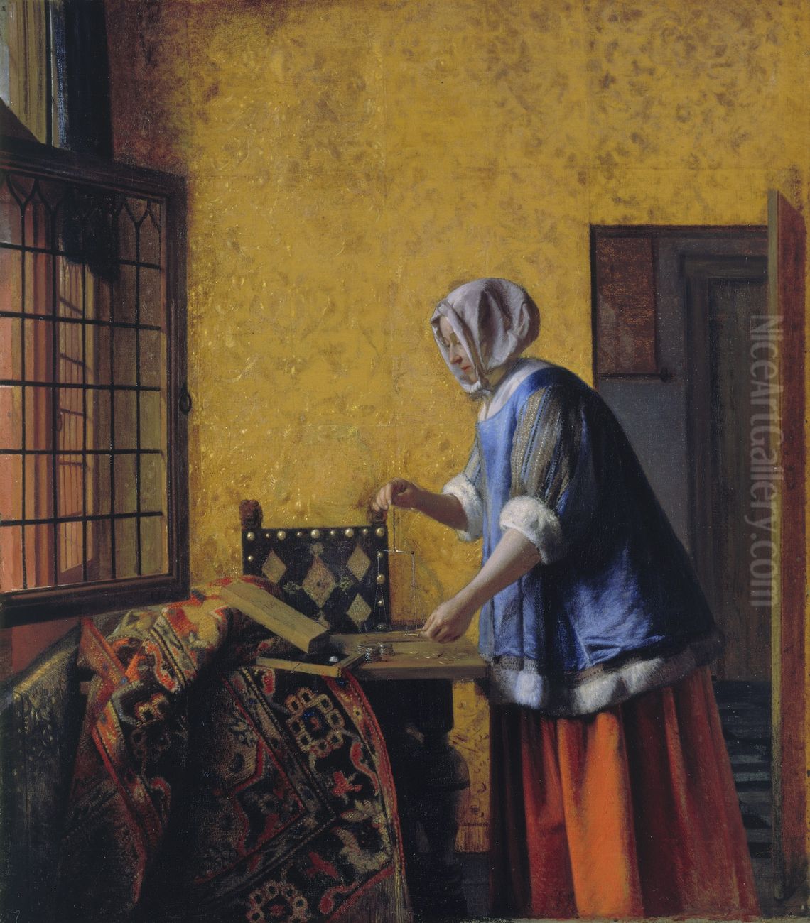A woman with a pair of scales Oil Painting by Pieter De Hooch