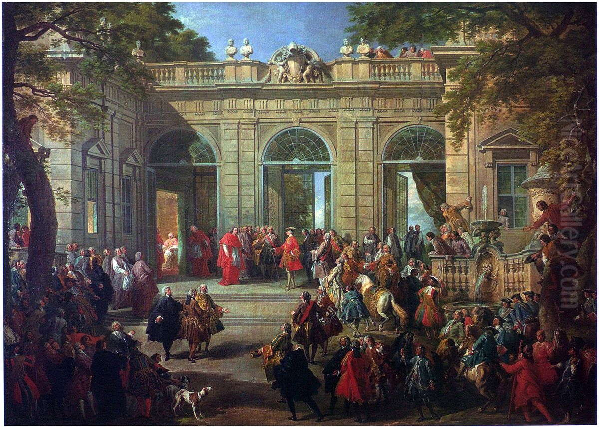 Carlo III di Borbone visiting the Pope Benedetto XIV in the coffee-house of the Quirinale, Rome Oil Painting by Giovanni Paolo Panini