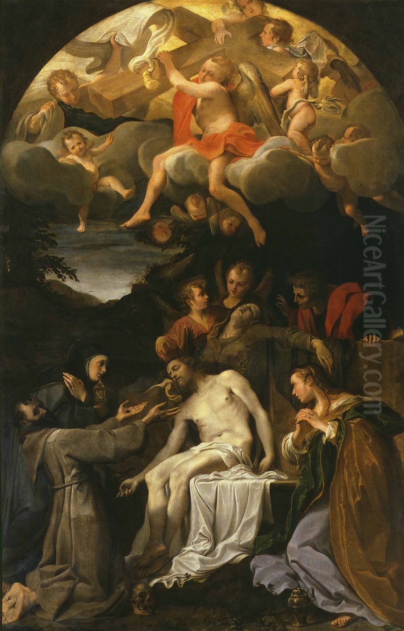 Deposition, with Saints Claire, Francis, Magdalene and John Oil Painting by Annibale Carracci