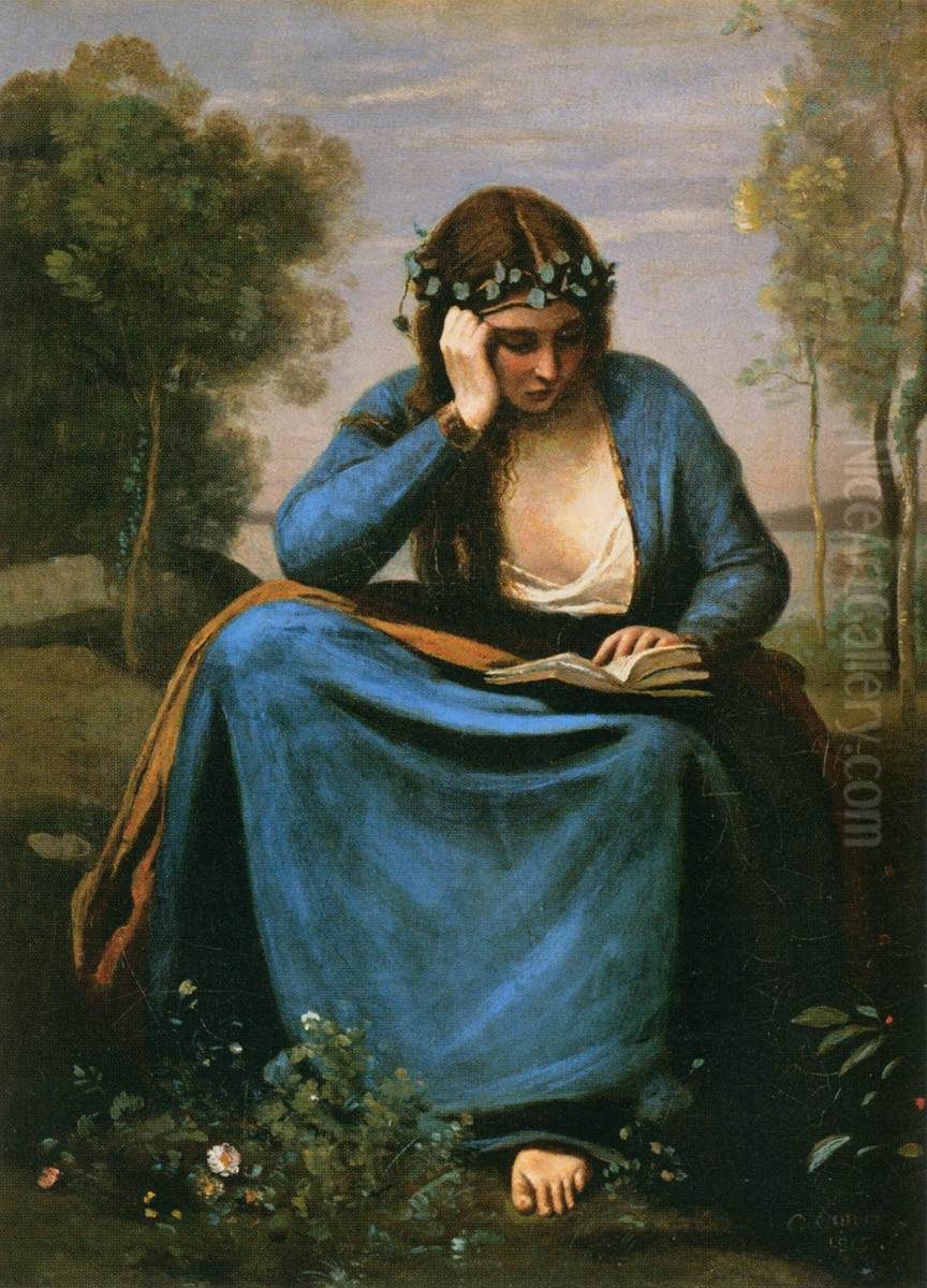 The Reader Wreathed with Flowers Oil Painting by Jean-Baptiste Camille Corot