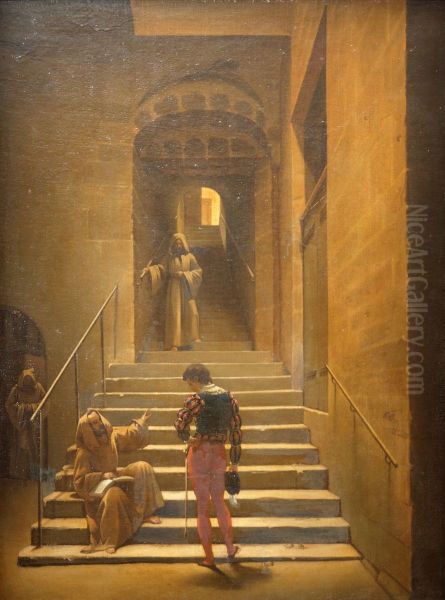 Interieur d'un cloitre a Rome, ou Charles Quint a Yuste. Oil Painting by Francois Marius Granet