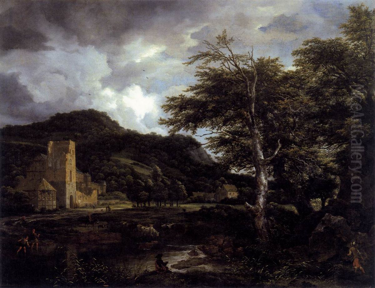 Bebost landschap met kasteelruine aan een landweg Oil Painting by Jacob Van Ruisdael