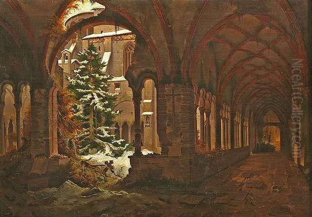 Cloister of an old monastery in winter Oil Painting by Karl Eduard Biermann