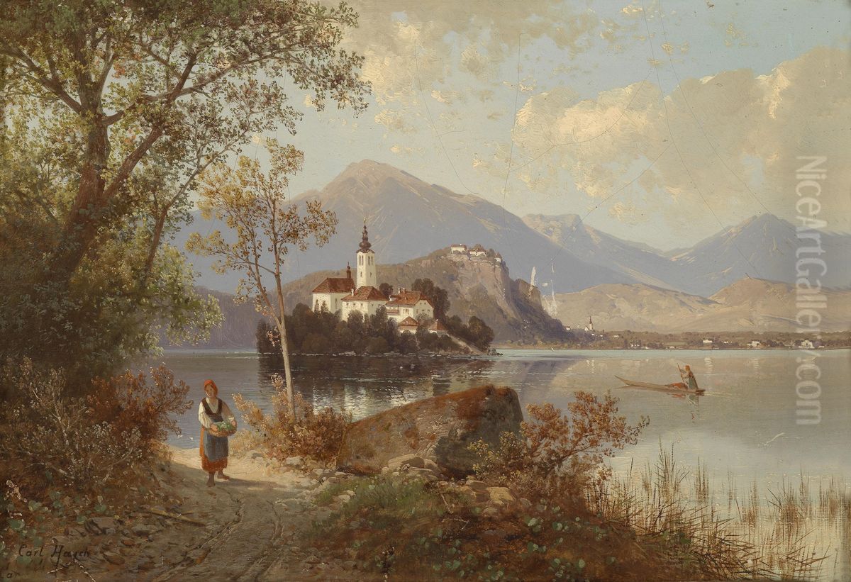 View of Lake Bled Oil Painting by Carl Hasch