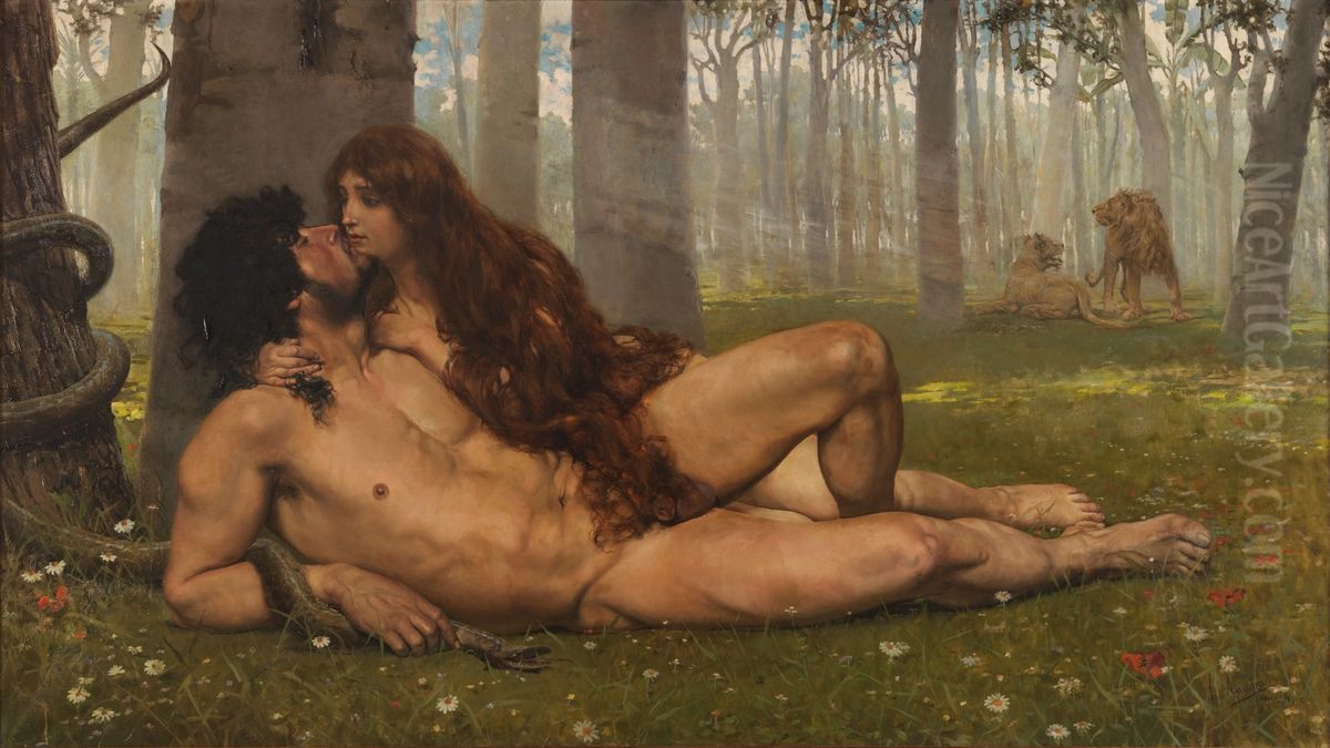 The First kiss of Adam and Eve. Oil Painting by Salvador Viniegra