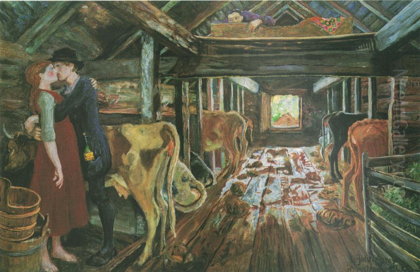 Cowshed Courting Oil Painting by Nikolai Astrup