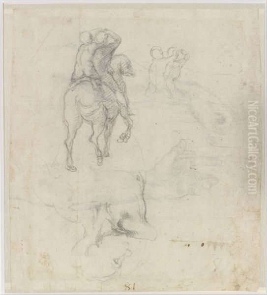 Studies of a Horse with Two Nude Riders and a Male Torso Oil Painting by Michelangelo Buonarroti