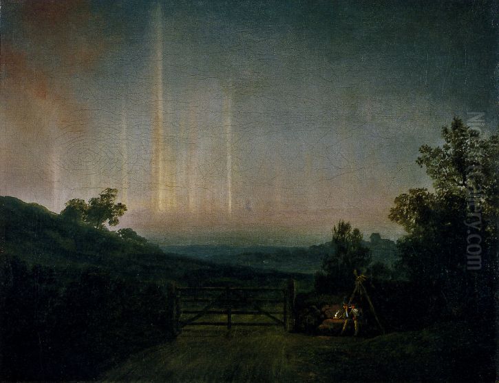 Landskab med nordlys. I baggrunden Middelfart Kirke. 'Forsog pa at male nordlyset' Oil Painting by Jens Juel