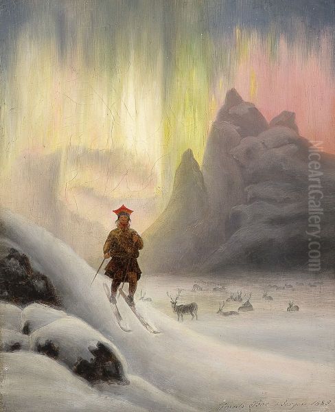 Same pa ski i nordlys Oil Painting by Frants Diderik Boe