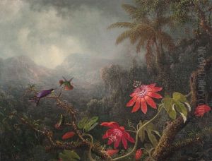 Passion Flowers with Three Hummingbirds